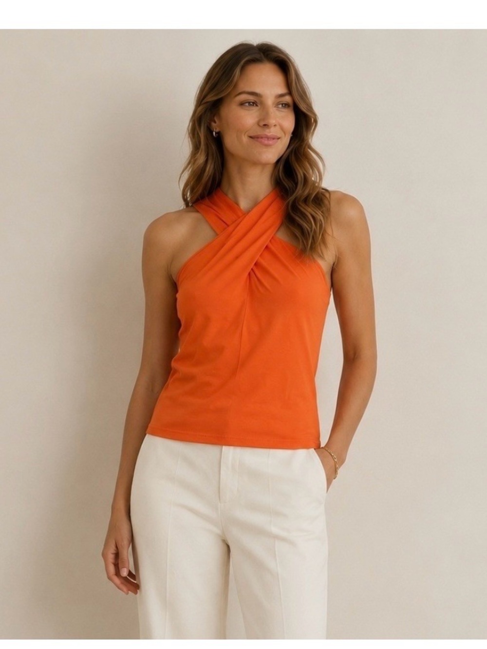 Soft Surroundings Orange Twist-Front Halter Tank